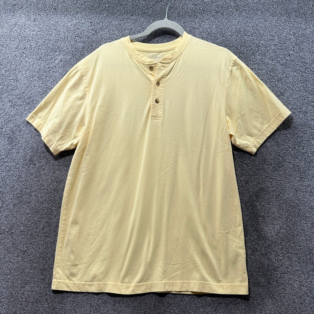 LL Bean Henley Shirt Mens Medium Yellow Cotton Short Sleeve Traditional Fit